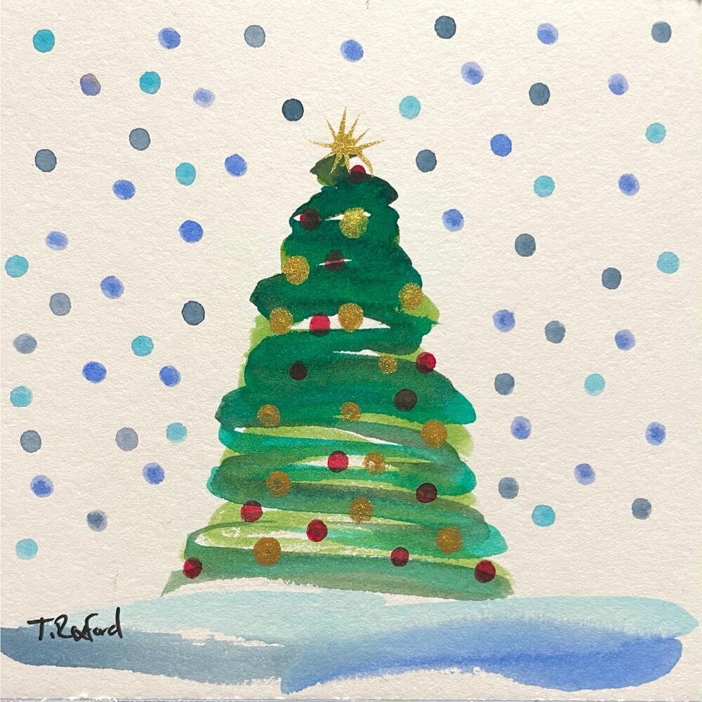 Hand painted watercolor original painting Christmas tree snow